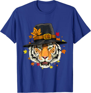 Thanksgiving Tiger Cat Pilgrim Turkey Day Autumn Tiger Lover Men Women Girls Kids T-Shirt - T-Shirt | Royal