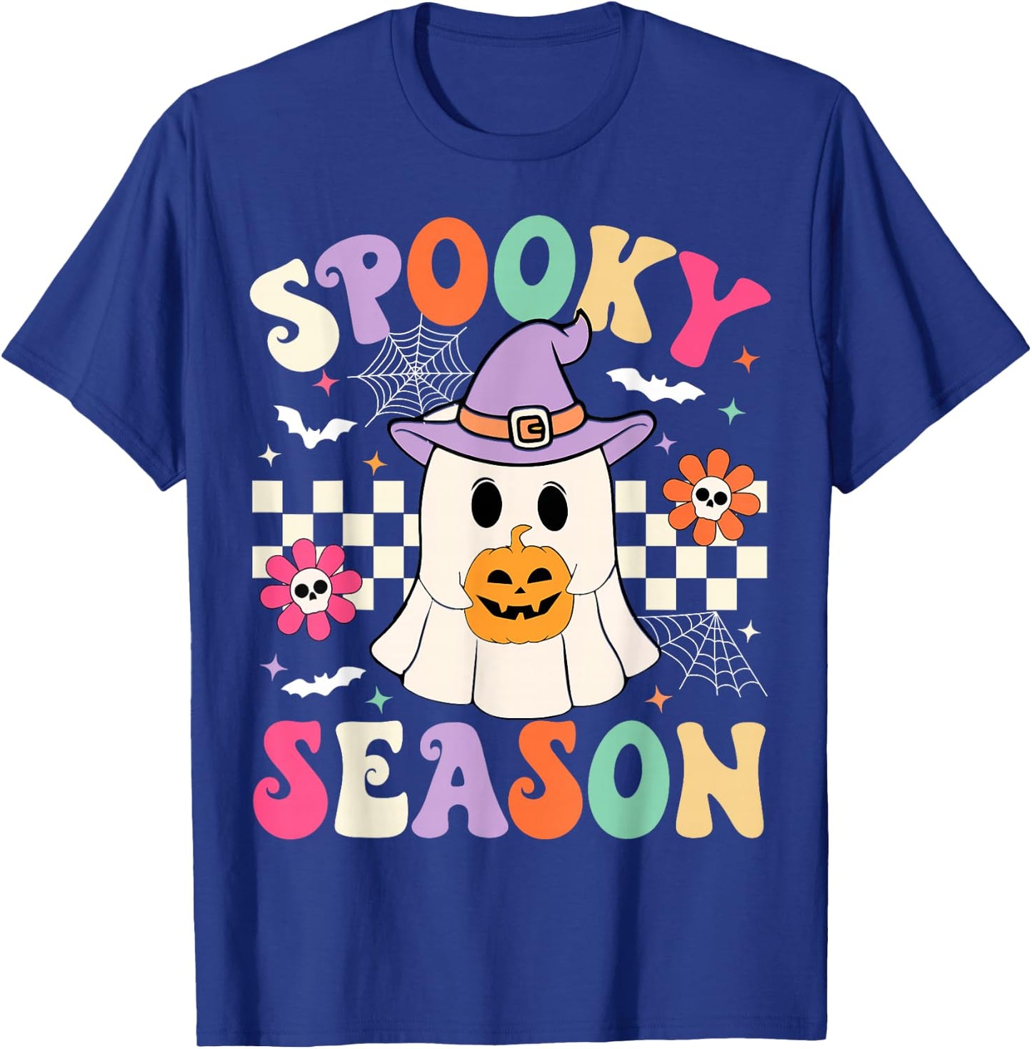 Groovy Spooky Season Retro Ghost Holding Pumpkin Halloween T-Shirt - T-Shirt | Royal