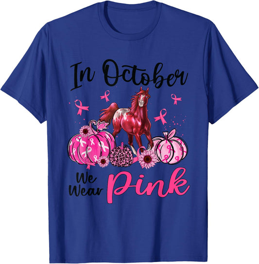 In October We Wear Pink Horse Pumpkin Leopard Breast Cancer T-Shirt - T-Shirt | Royal