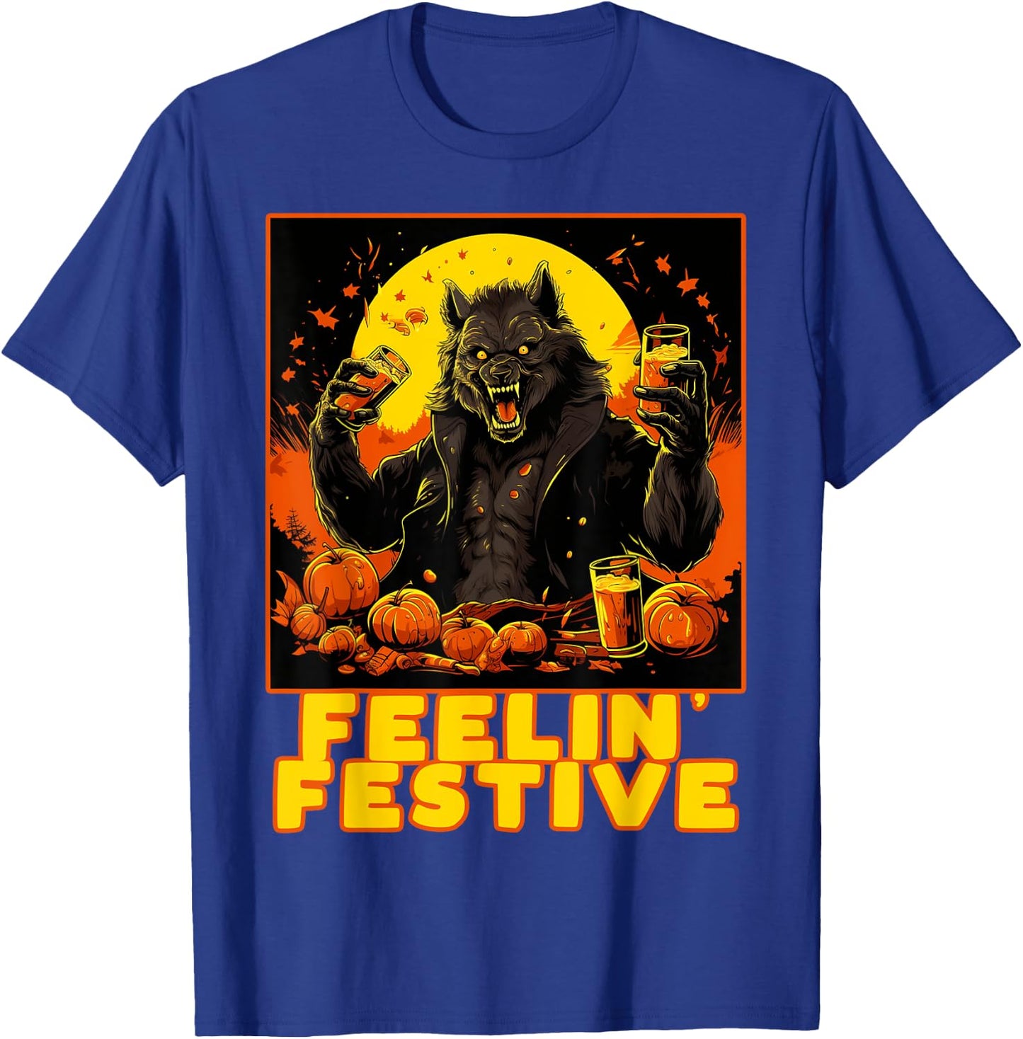 Funny Werewolf Drinking Halloween Costume Party Thanksgiving T-Shirt - T-Shirt | Royal
