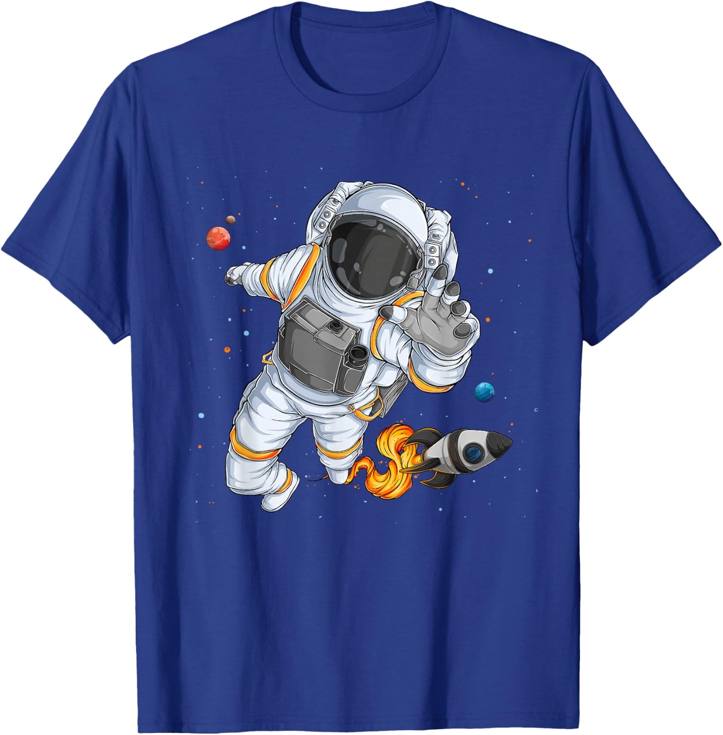 Flying Astronaut With Rocketship Outer Space T-Shirt - T-Shirt | Royal