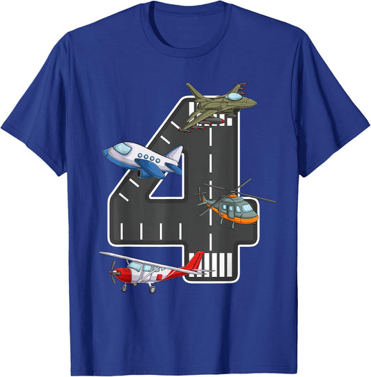 Little Pilot 4th Birthday Party 4 Four Year Old Airplane T-Shirt - T-Shirt | Royal