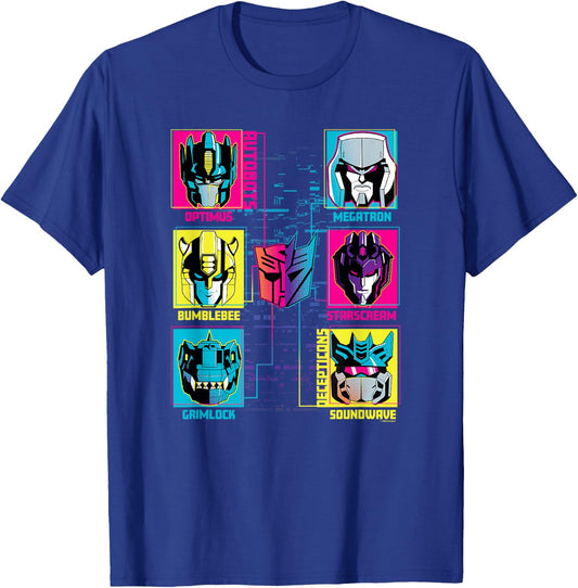 Transformers Group Shot Bright Neon Box Up Characters T-Shirt - T-Shirt | Royal