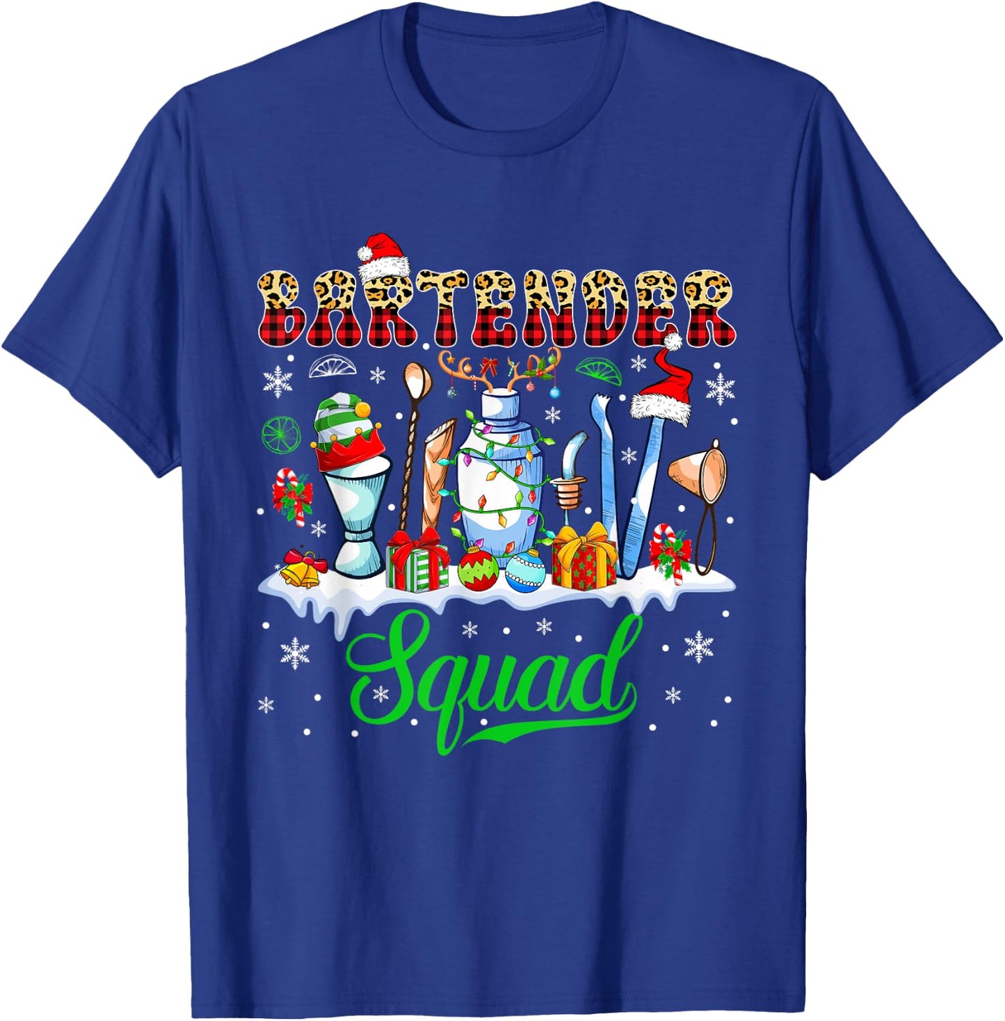 Bartender Squad Christmas Santa Reindeer Elf Bartender Tools T-Shirt - T-Shirt | Royal