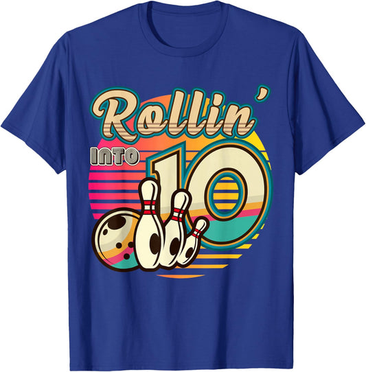 Rollin into Bowling 10 Year Old Vintage Birthday Retro 10th T-Shirt - T-Shirt | Royal