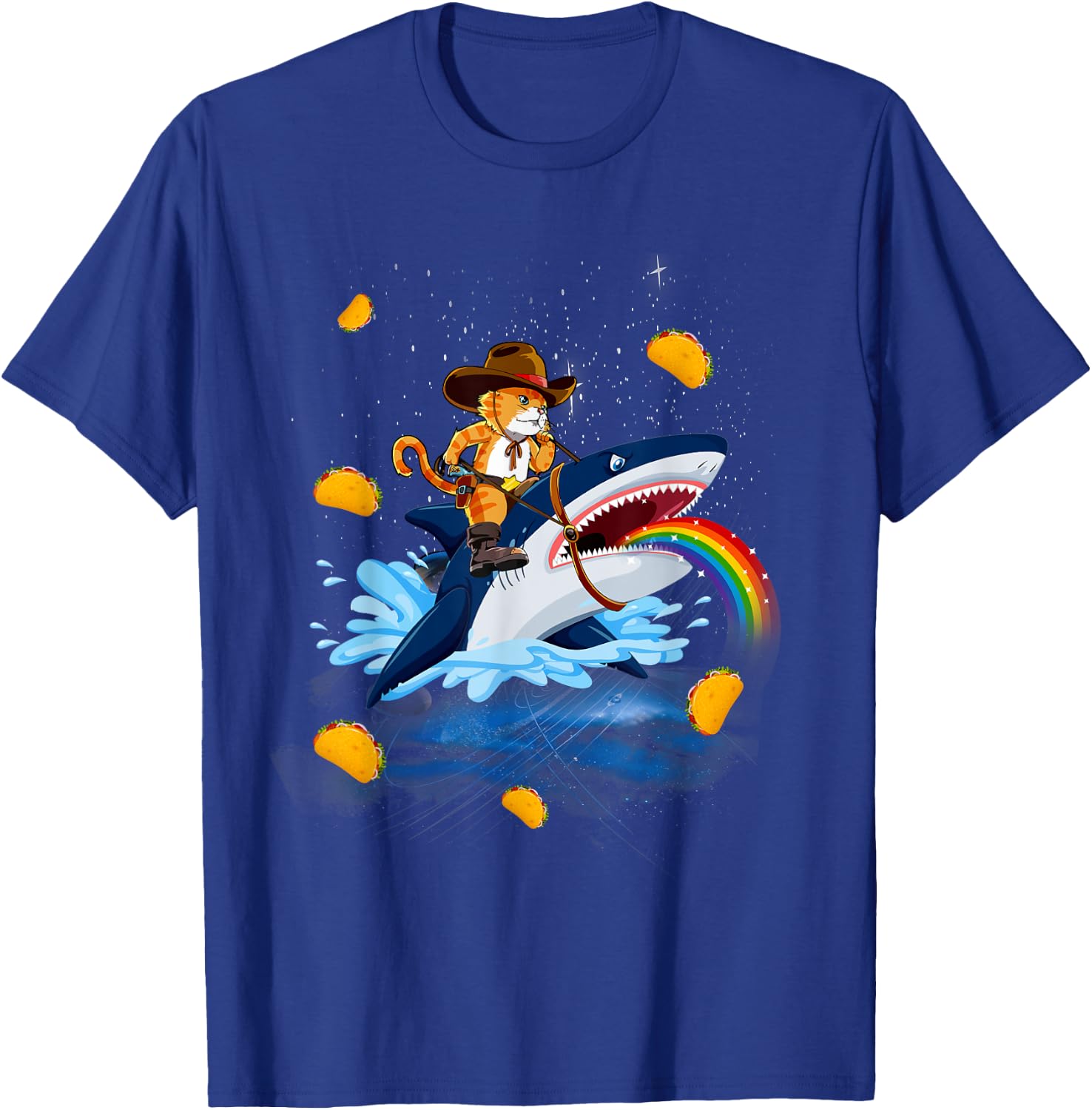 Western Cowboy Cat Riding A Shark In Taco Space Rainbow T-Shirt - T-Shirt | Royal