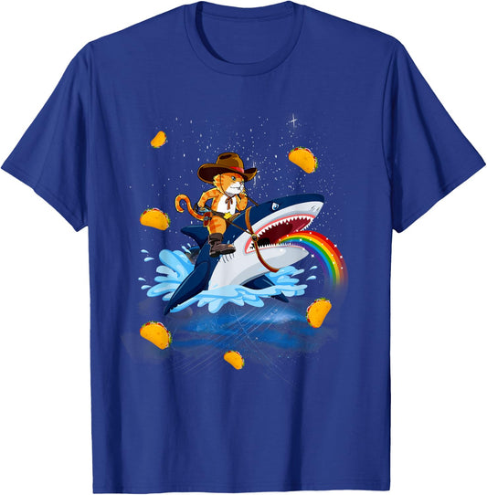 Western Cowboy Cat Riding A Shark In Taco Space Rainbow T-Shirt - T-Shirt | Royal
