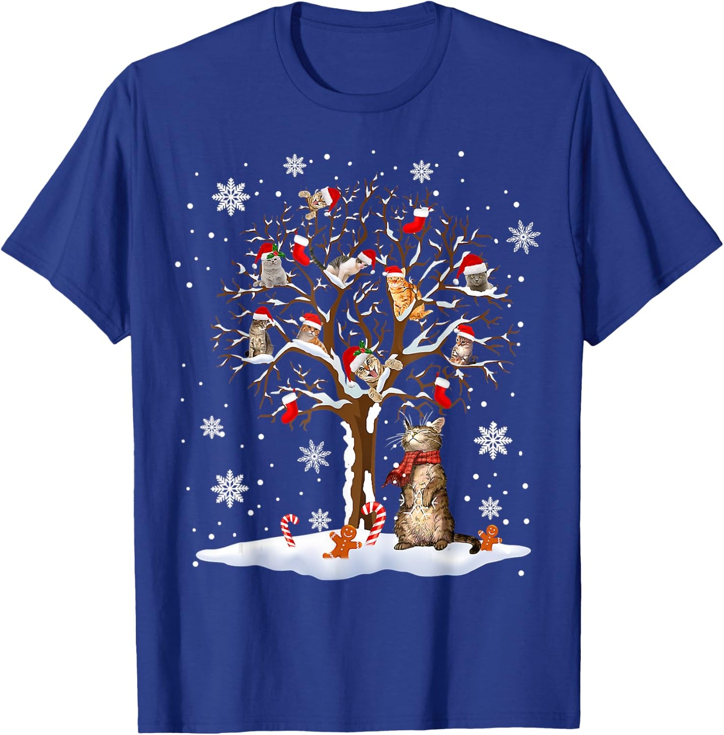 Cats In Snow Tree Winter Christmas Santa Hat X-mas T-Shirt - T-Shirt | Royal