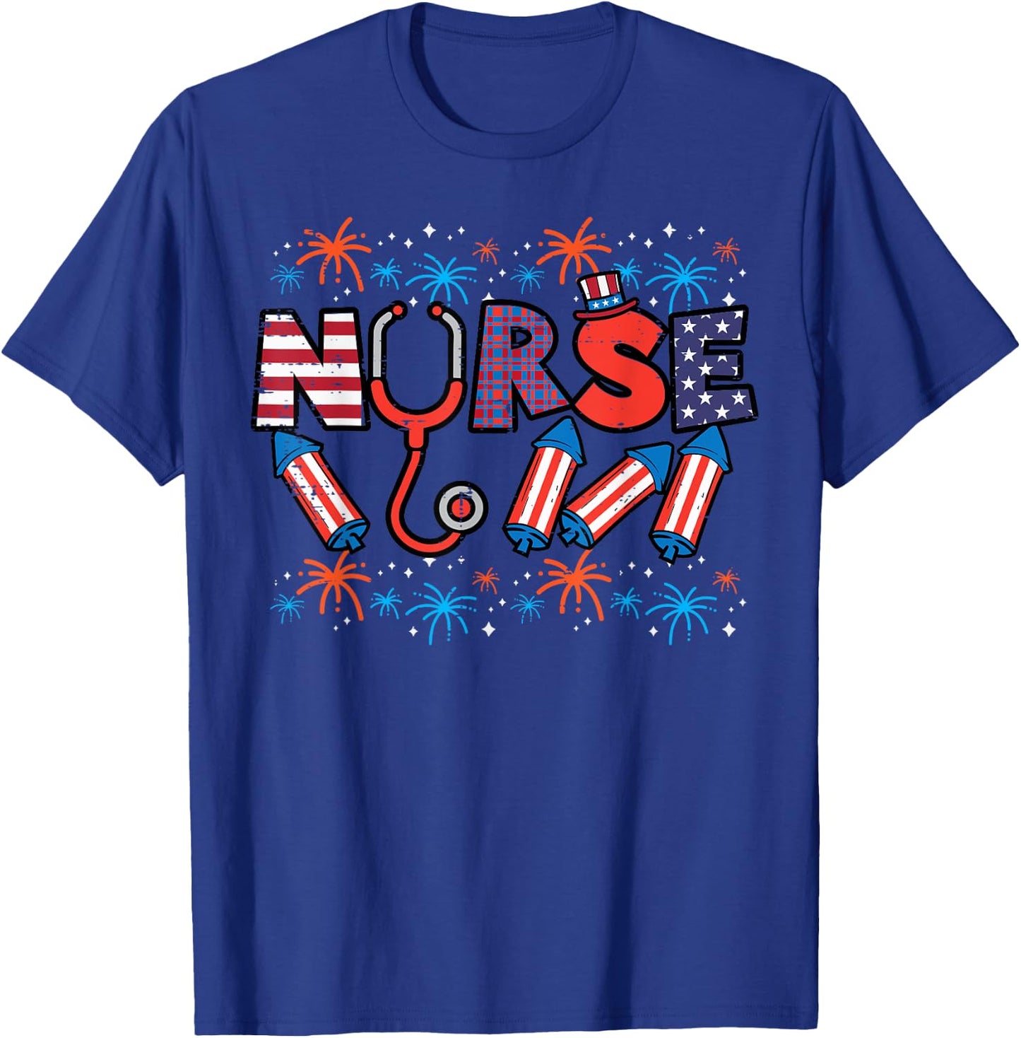 4th Of July Nurse Stethoscope Patriotic Scrub Top Women Men T-Shirt - T-Shirt | Royal