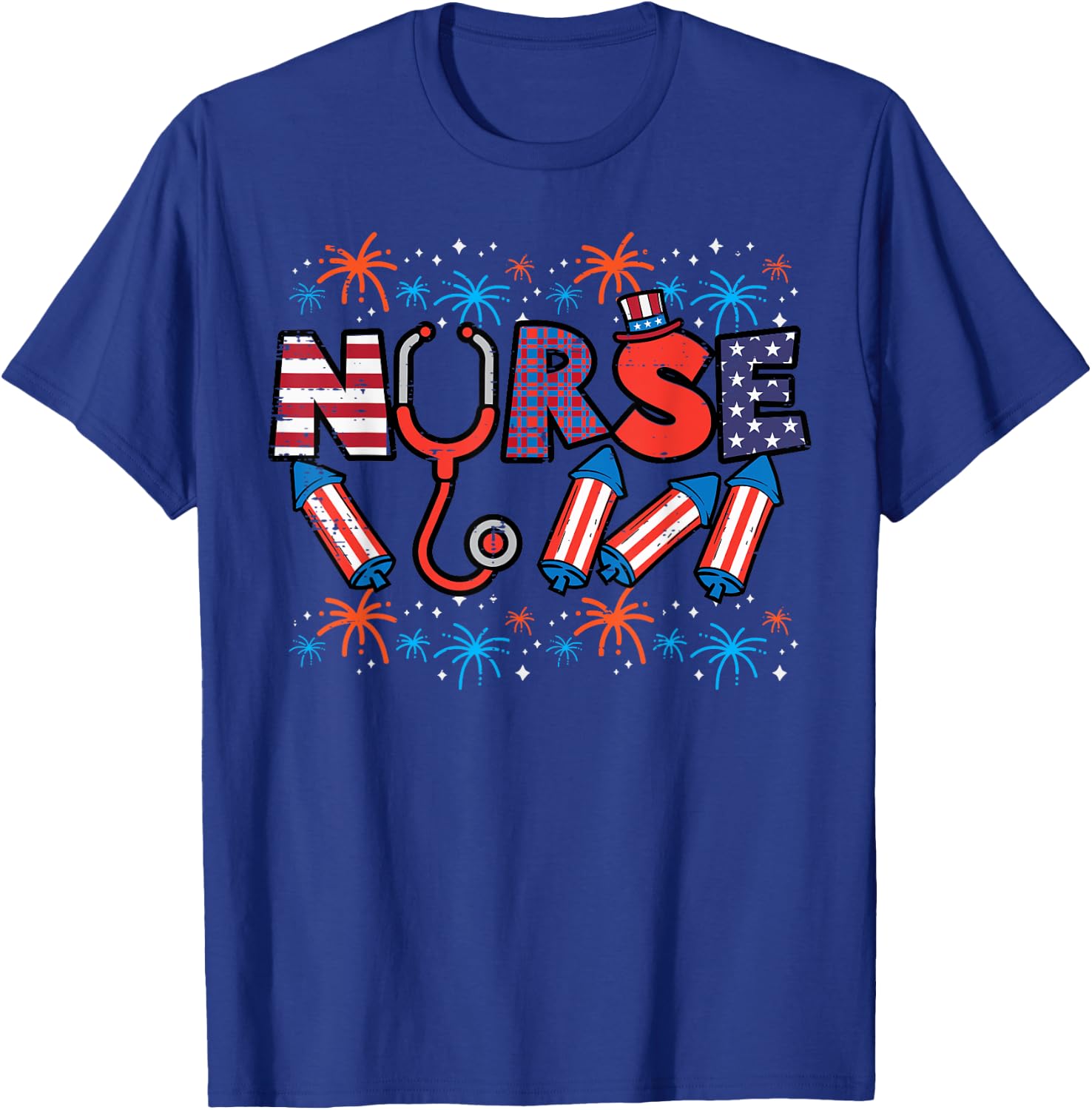4th Of July Nurse Stethoscope Patriotic Scrub Top Women Men T-Shirt - T-Shirt | Royal