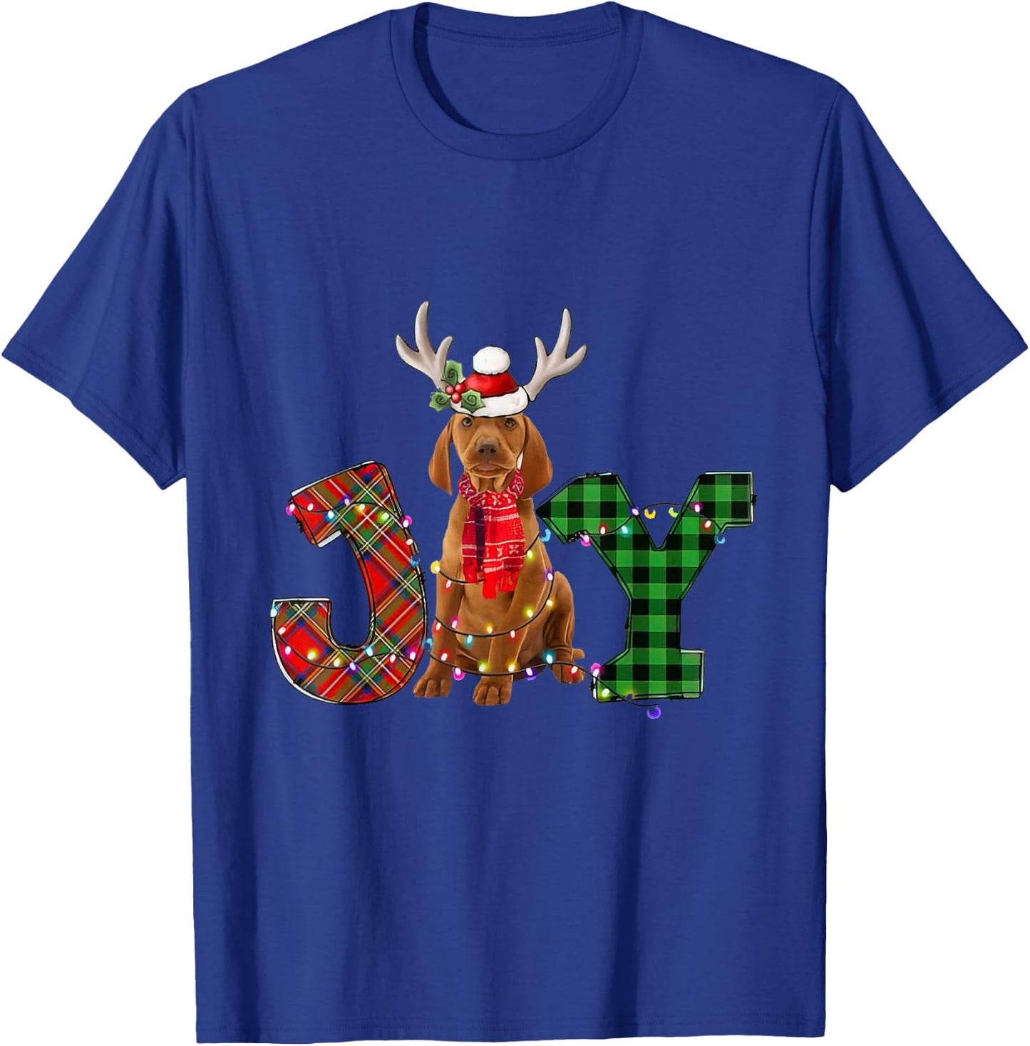 Joy Christmas Lights Vizsla Dog Santa Hat Pajama Men Women Kids T-Shirt - T-Shirt | Royal