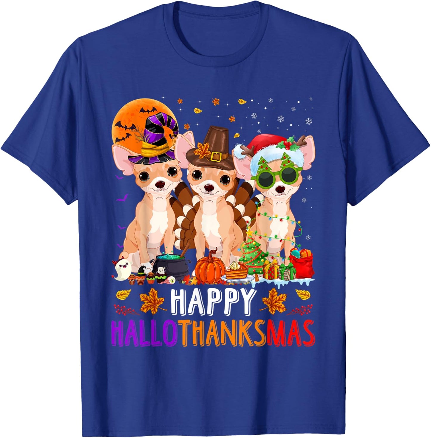 Happy Hallothanksmas Chihuahua Dog Halloween Christmas T-Shirt - T-Shirt | Royal