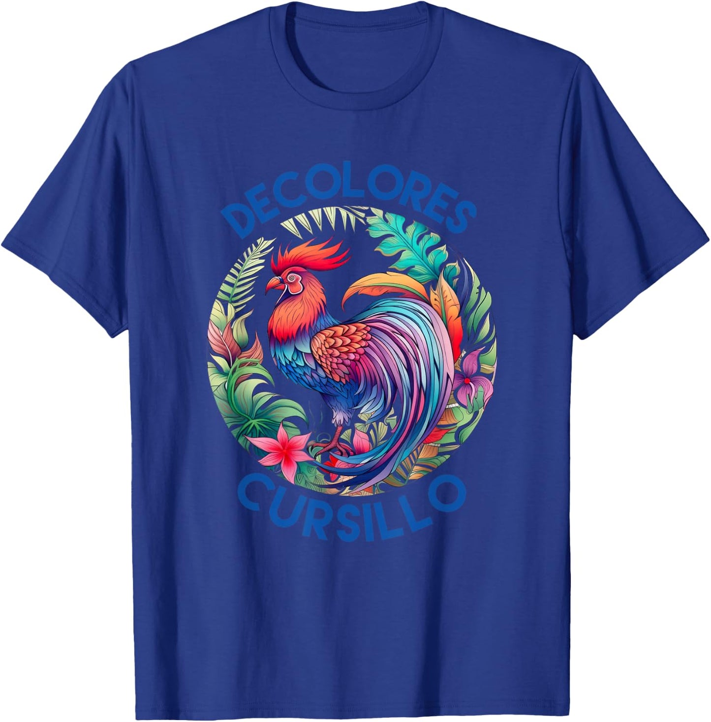DeColores Cursillo Colorful Rooster Circle With Flowers T-Shirt - T-Shirt | Royal