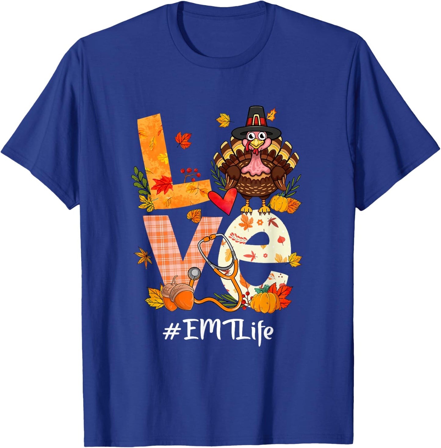 Love EMT Life Funny Turkey Pumpkin Leopard Thanksgiving T-Shirt - T-Shirt | Royal