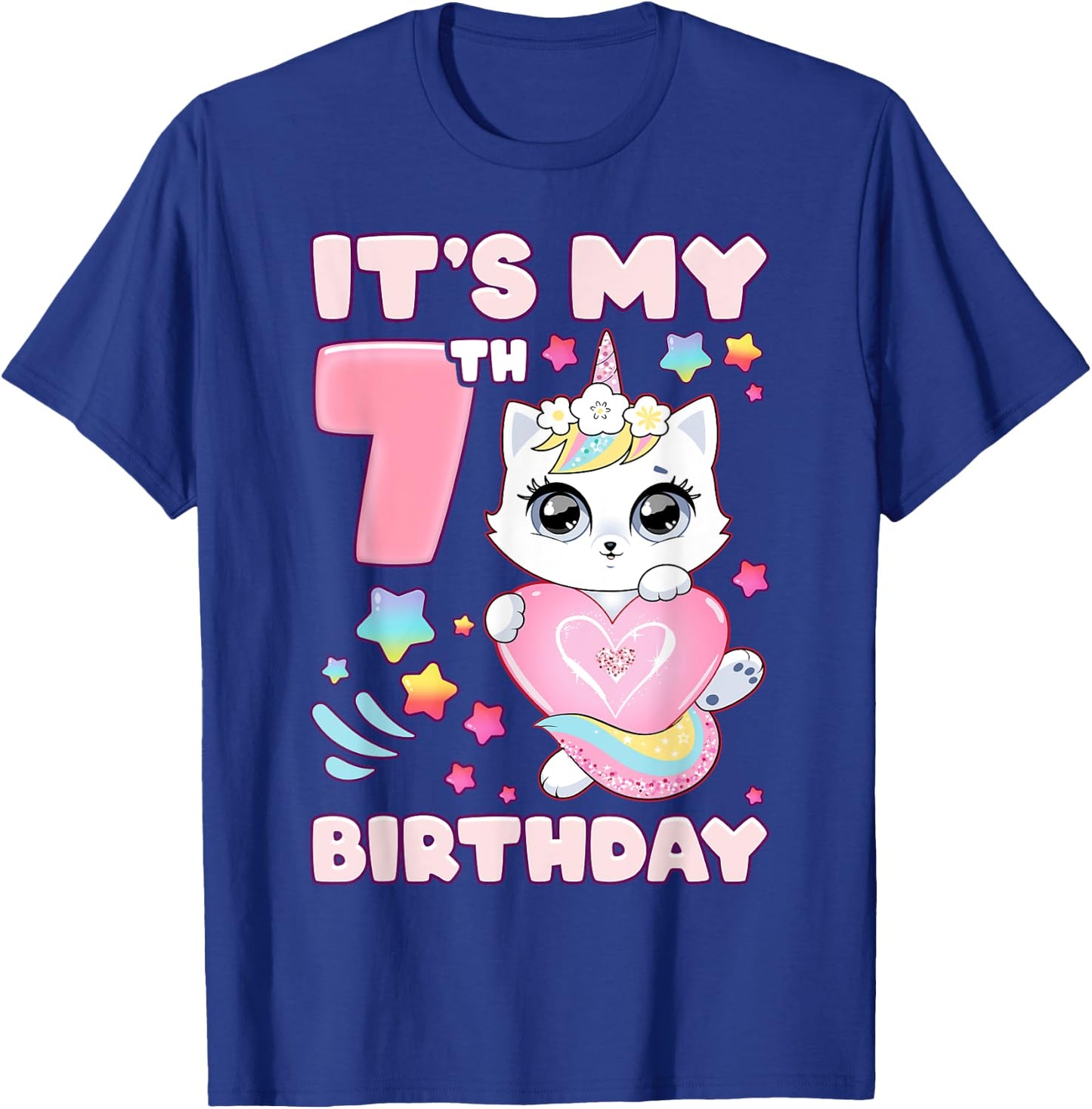 Birthday girl 7 years old, cat, unicorn, 7th birthday T-Shirt - T-Shirt | Royal