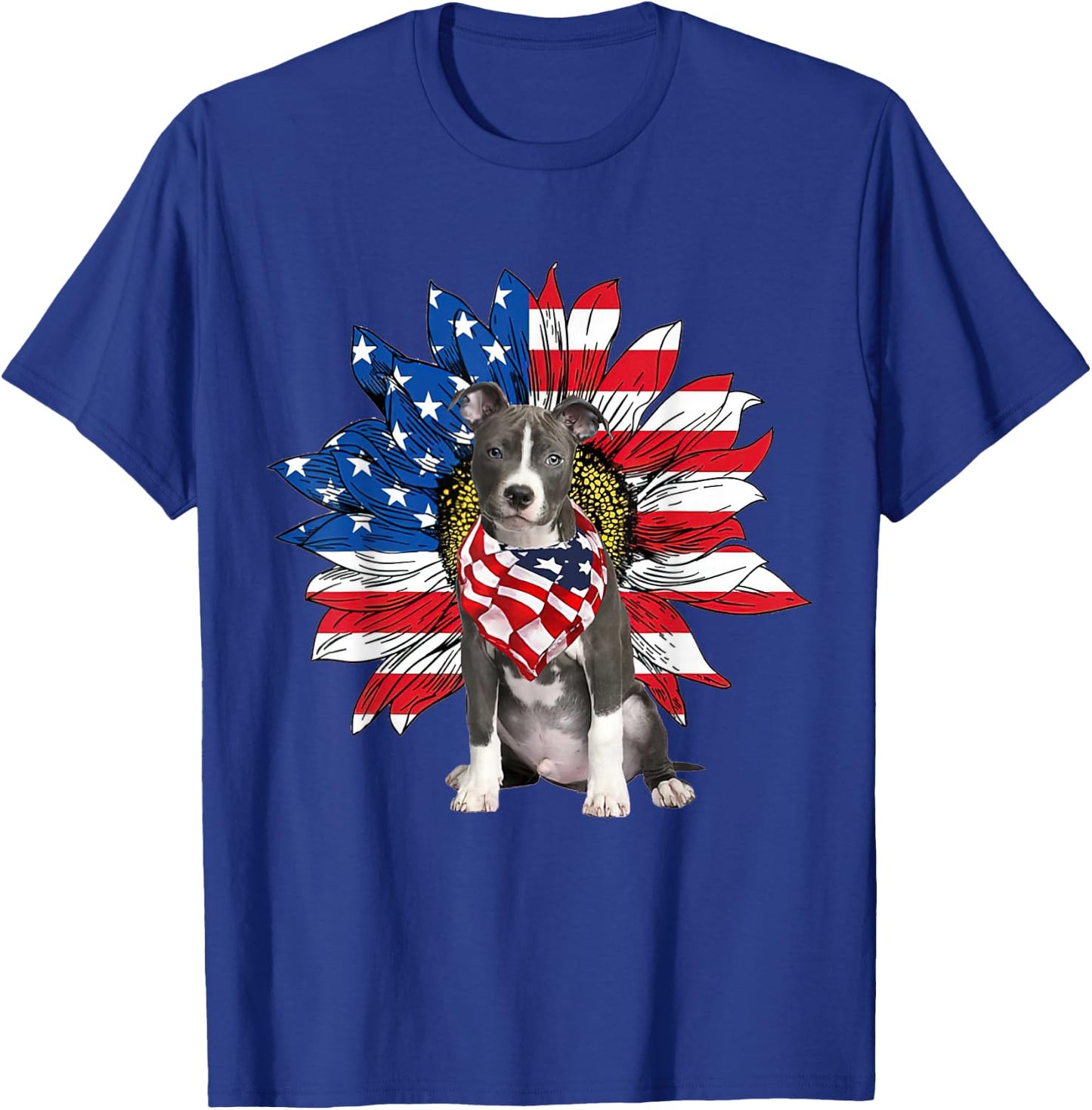 Blue Nose Pitbull American Flag Sunflower Dog Lovers 4th Of T-Shirt - T-Shirt | Royal