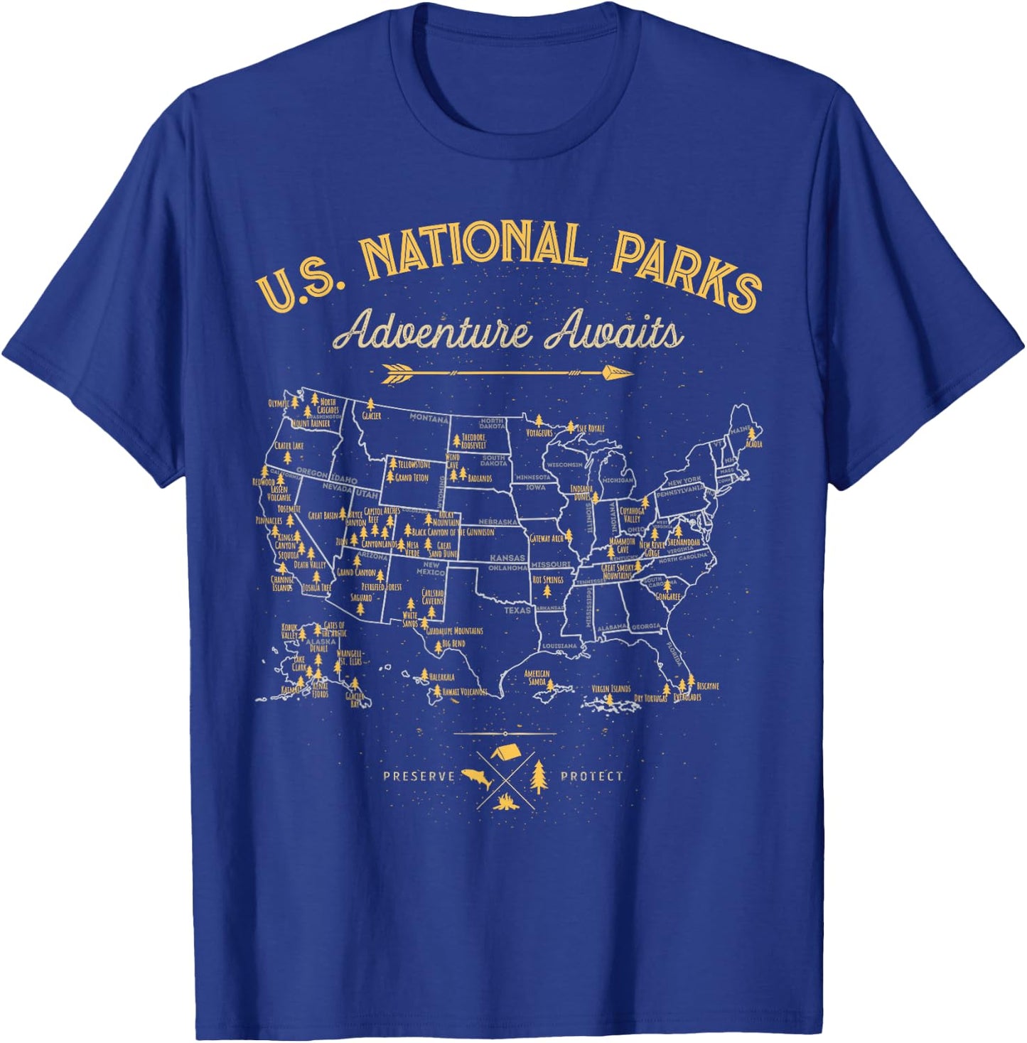 63 National Parks Map US Park Retro Vintage Camping Hiking T-Shirt - T-Shirt | Royal