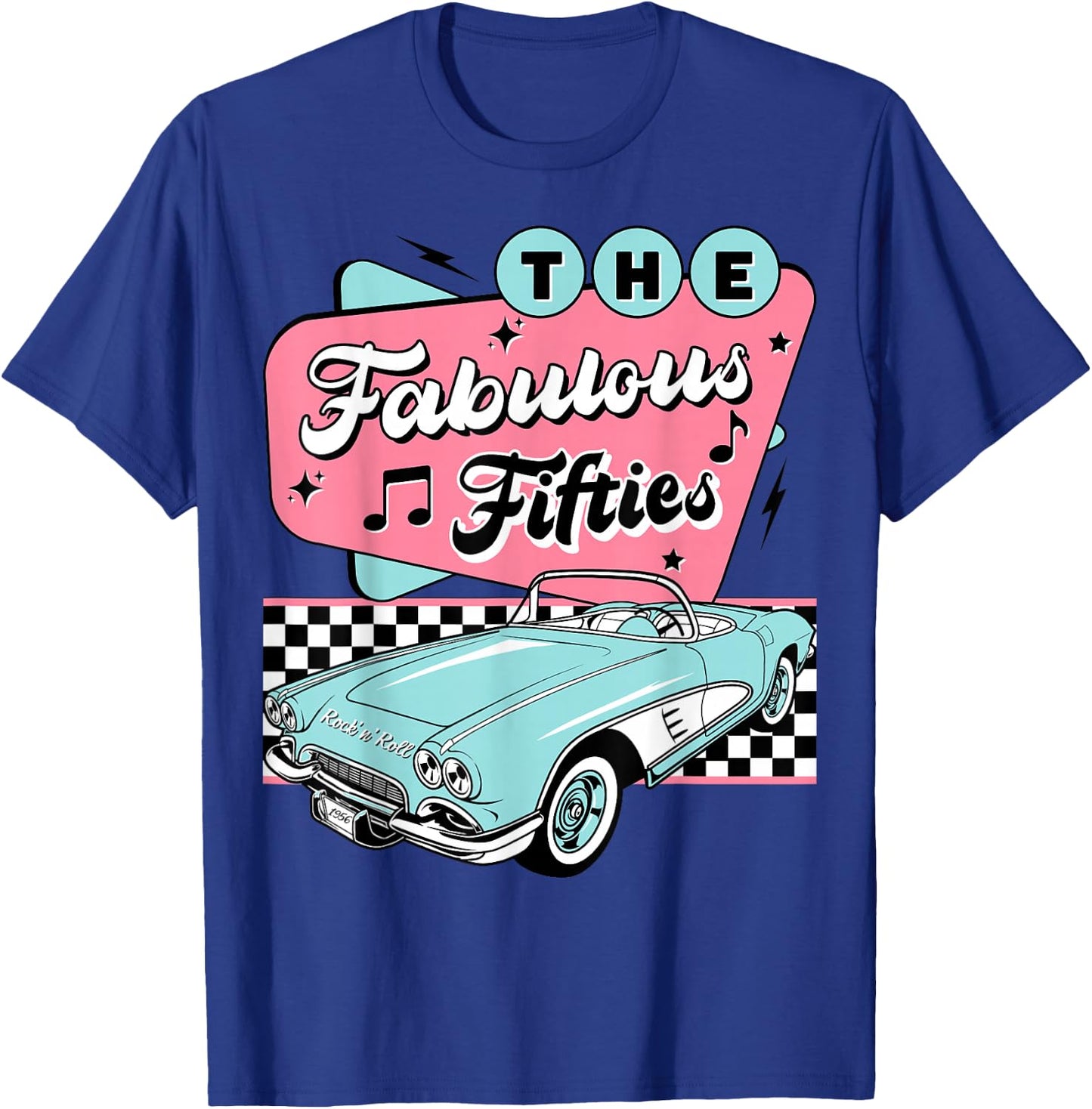 The Fifties 1950s Car Music Checkerboard Rockabilly Sock Hop T-Shirt - T-Shirt | Royal