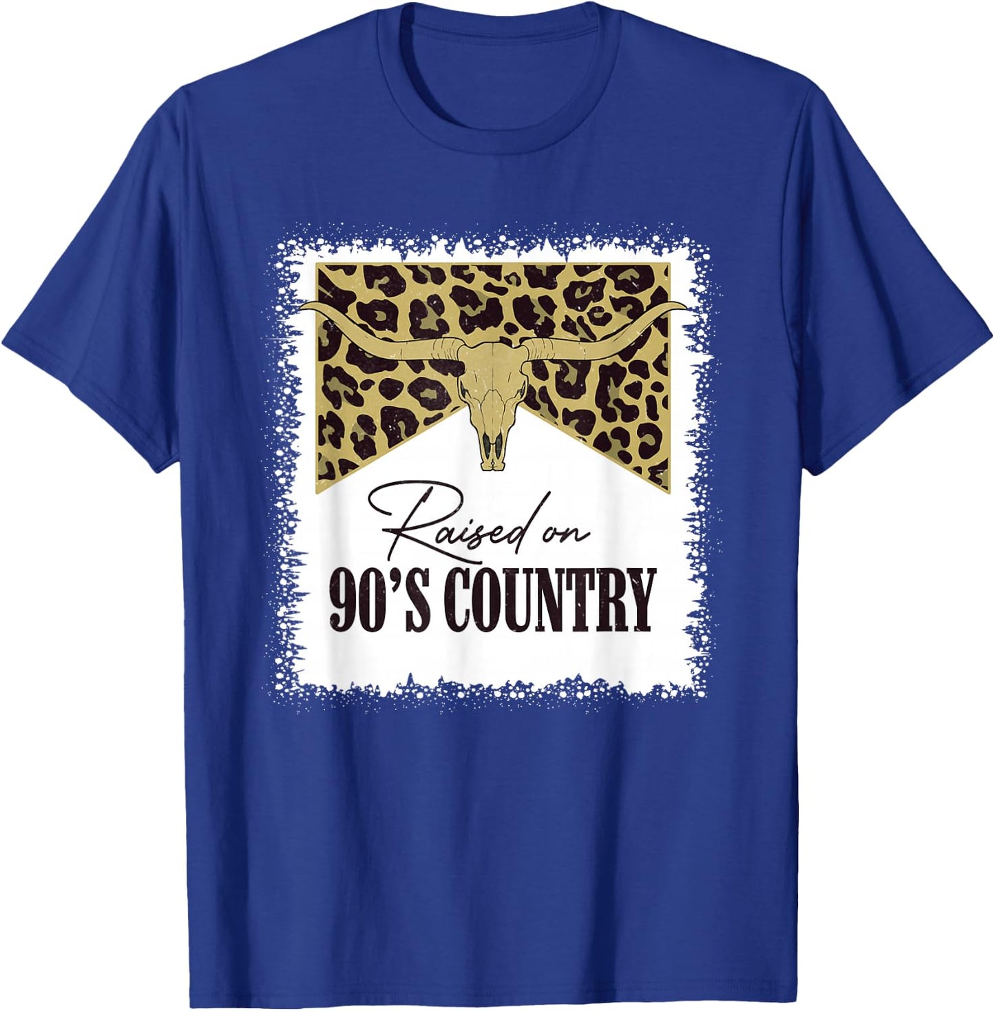 Raised On 90's Country Vintage Bull Skull Leopard Bleached T-Shirt - T-Shirt | Royal
