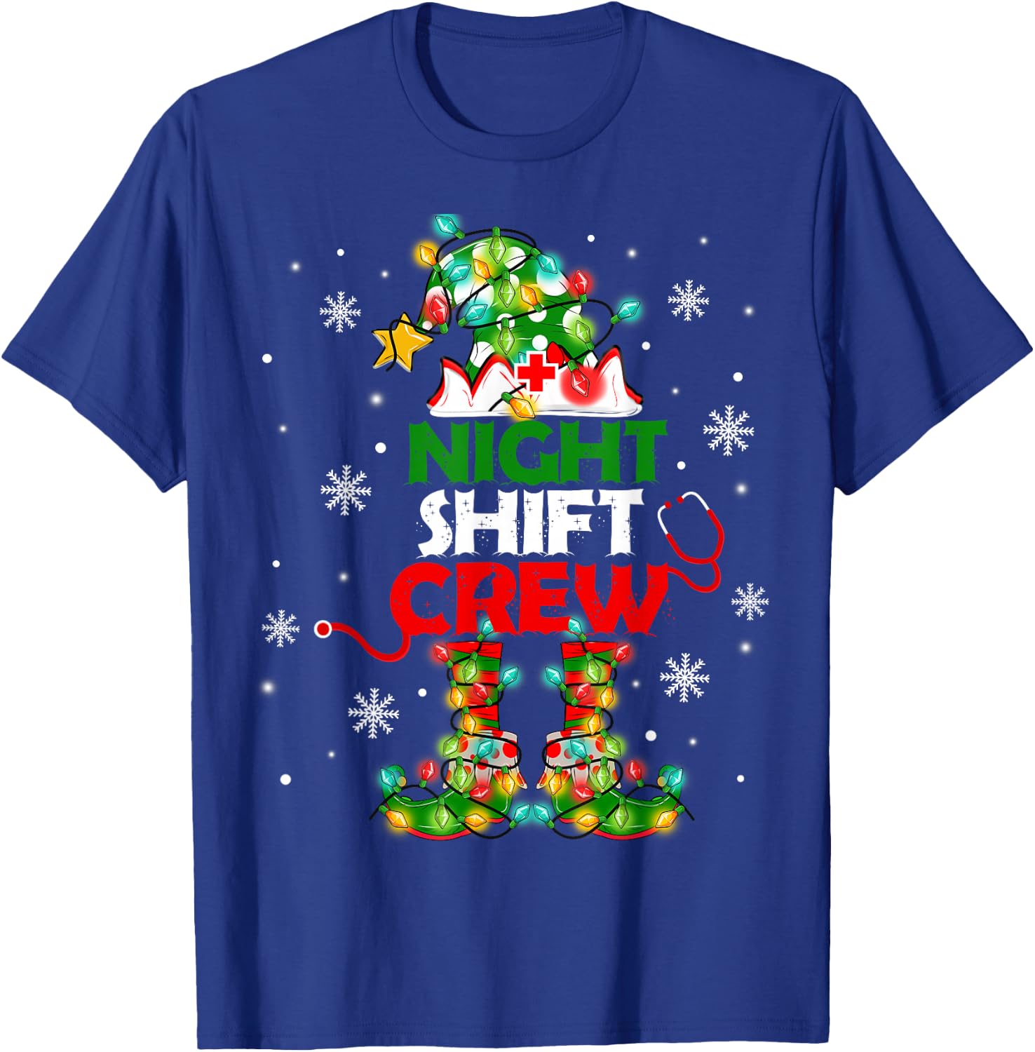 Funny Nurse Elf Christmas Lights Cute Xmas Night Shift Crew T-Shirt - T-Shirt | Royal