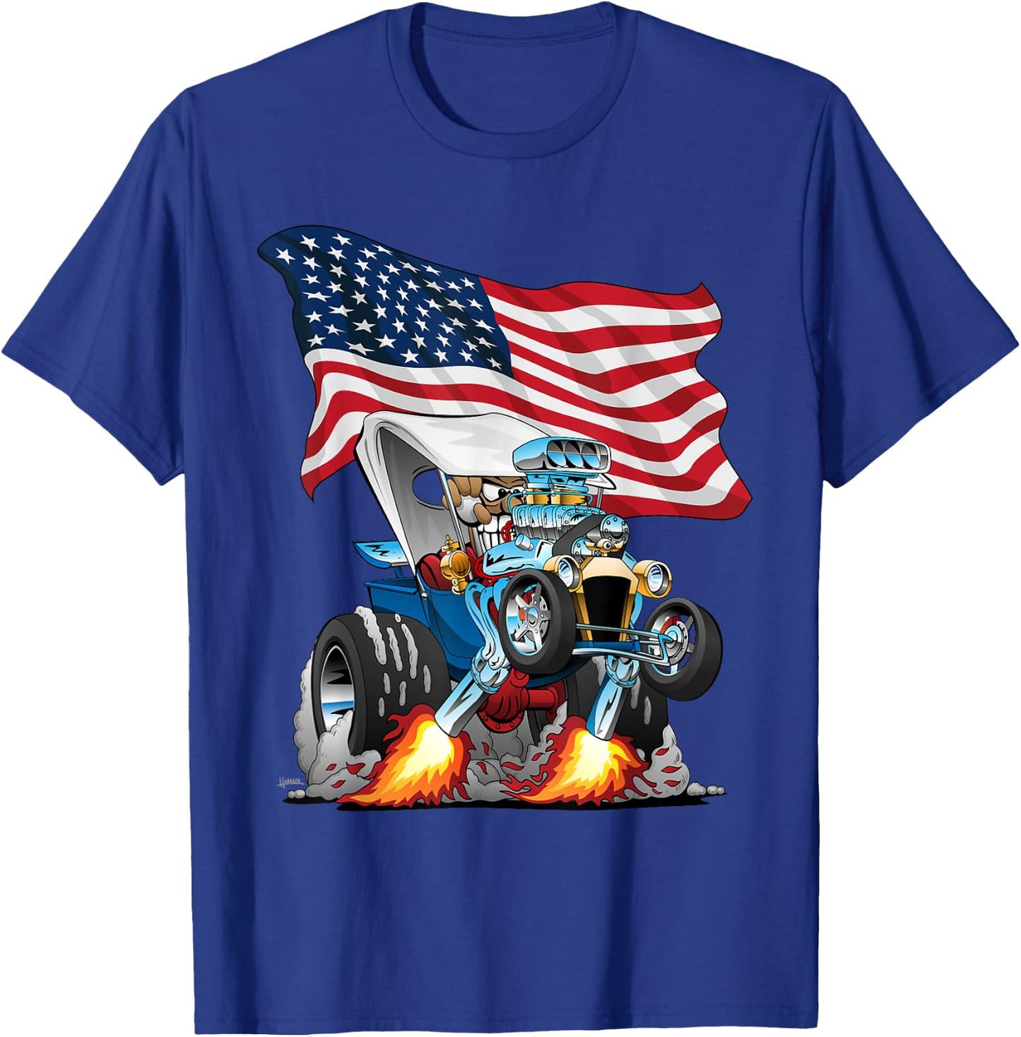 T-bucket Style Car Hotrod USA Flag Patriotic Cartoon Design T-Shirt - T-Shirt | Royal