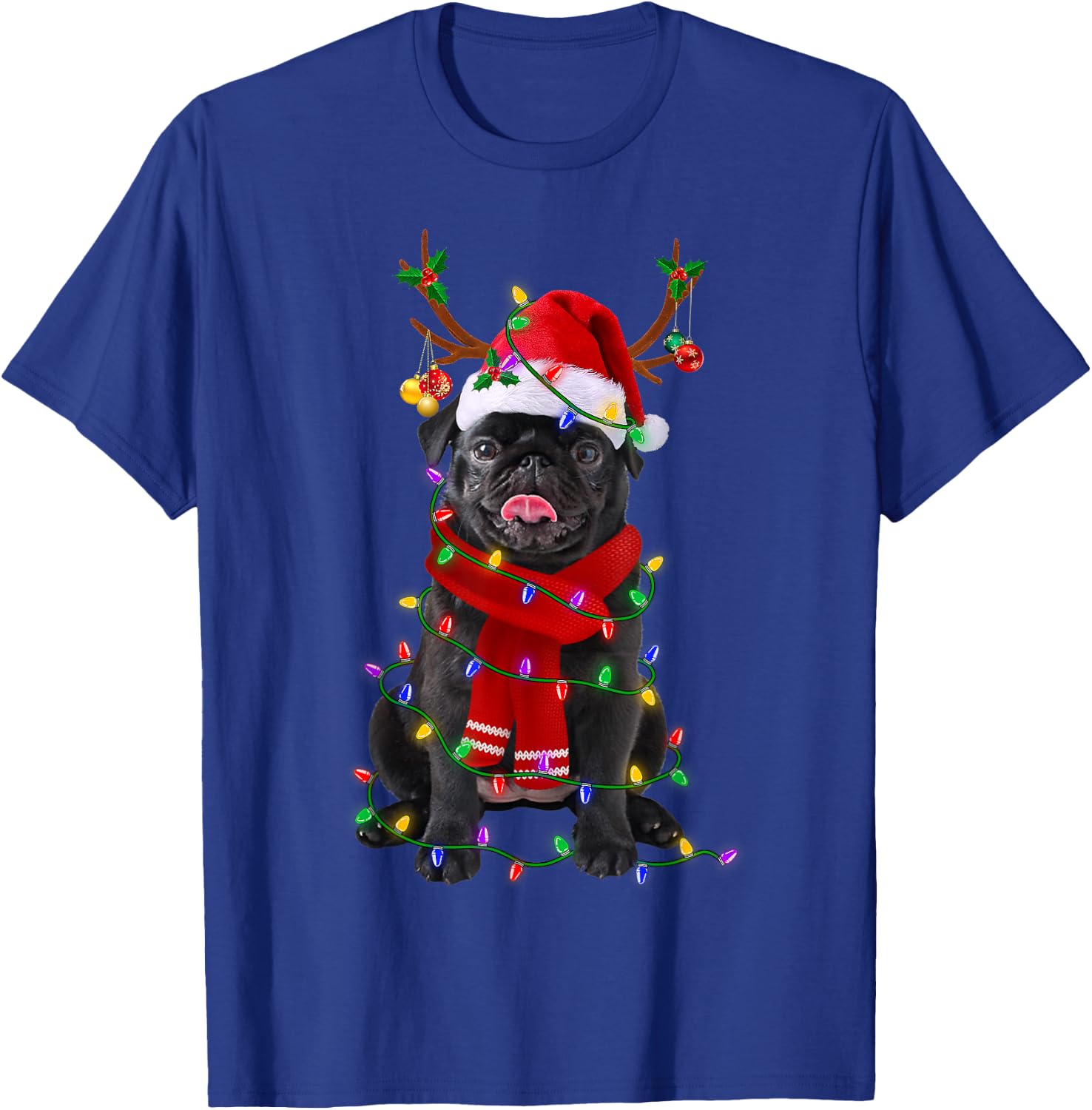 Black Pug Dog Tree Christmas Lights Xmas Pajama Men Women Kids T-Shirt - T-Shirt | Royal
