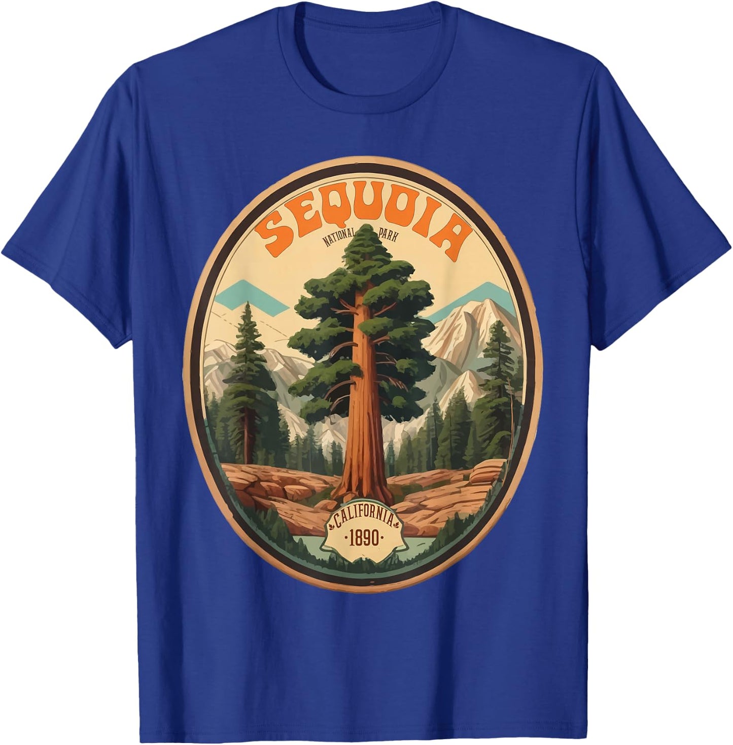 Sequoia National Park Tree Illustration Hiking Retro Badge T-Shirt - T-Shirt | Royal