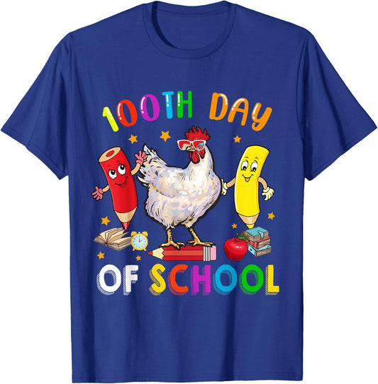 100th Days Of School Funny Chicken Sunglasses With Pencils T-Shirt - T-Shirt | Royal