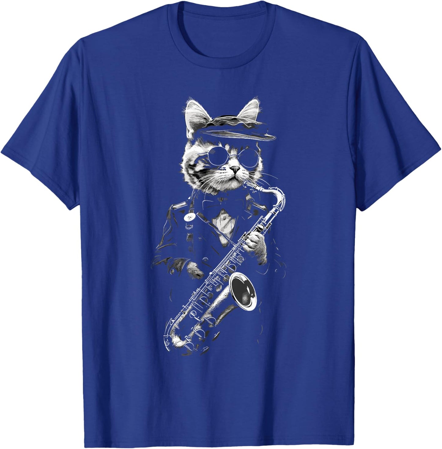 Funny Cat Wearing Sunglasses Playing Clarinet Musician Men Women Kids T-Shirt - T-Shirt | Royal