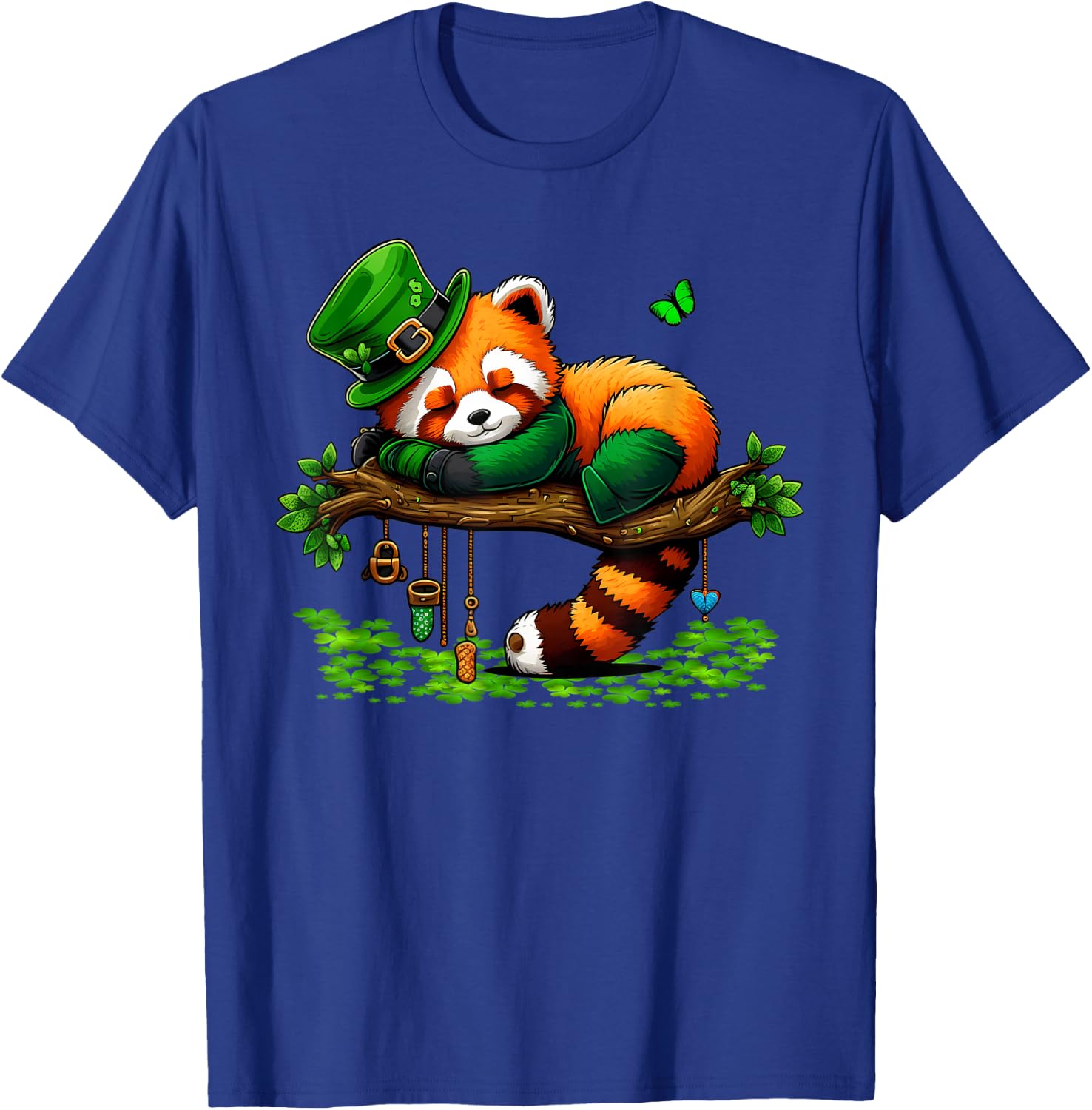 St Patricks Day Lazy Red Panda Shamrock Leprechaun Hat Panda T-Shirt - T-Shirt | Royal