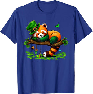 St Patricks Day Lazy Red Panda Shamrock Leprechaun Hat Panda T-Shirt - T-Shirt | Royal