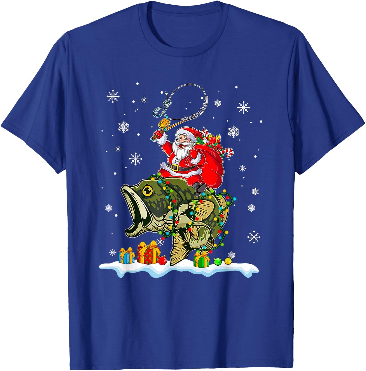 Christmas Bass Fishing Funny Santa Riding Fish Fishermen PJ T-Shirt - T-Shirt | Royal