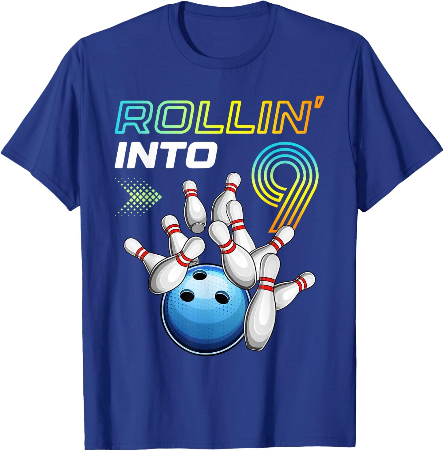 Rollin Into 9 Retro Bowling Birthday Party 9th Birthday T-Shirt - T-Shirt | Royal