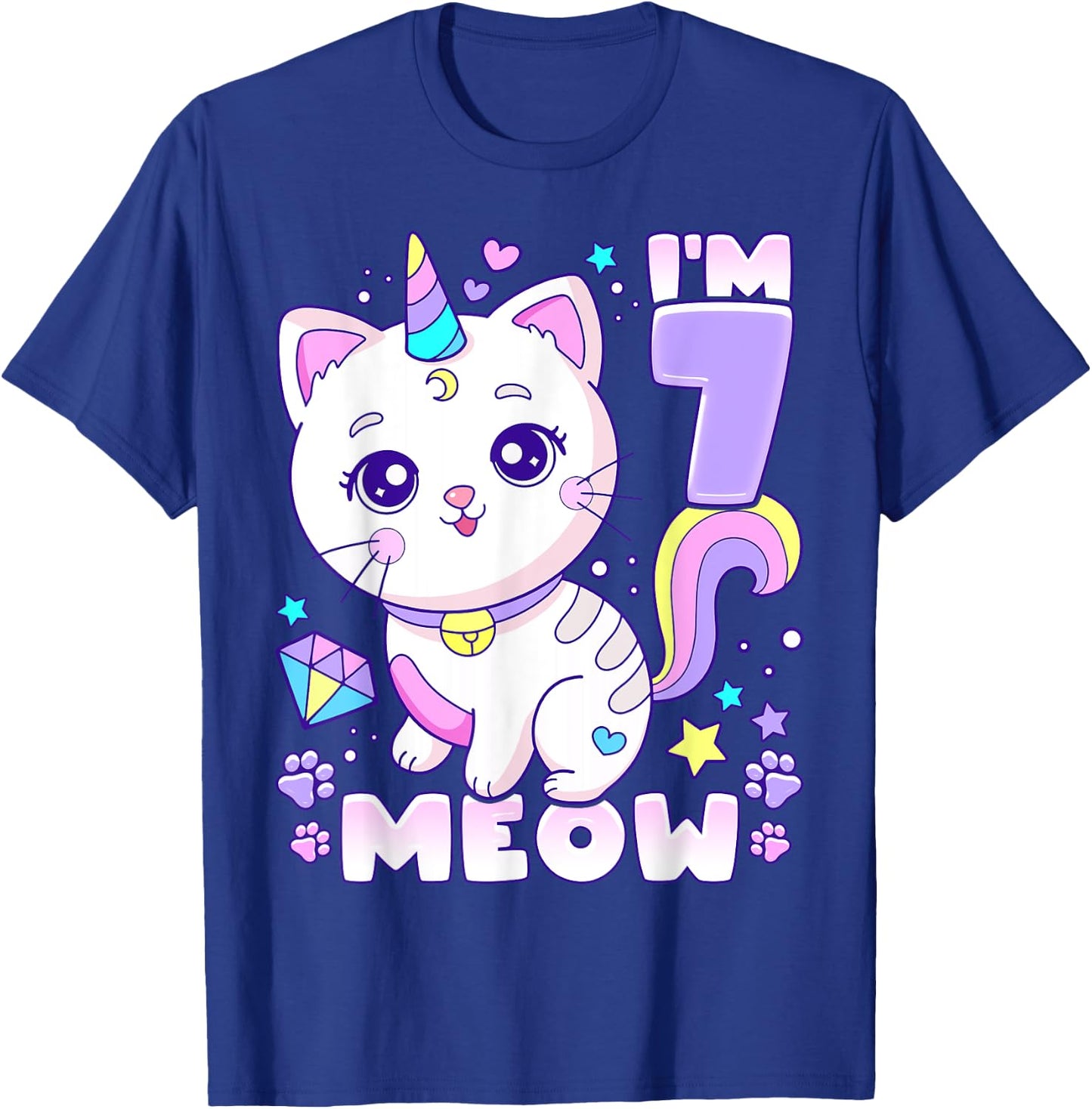 Birthday girl 7 years old, cat, unicorn, 7th birthday T-Shirt - T-Shirt | Royal