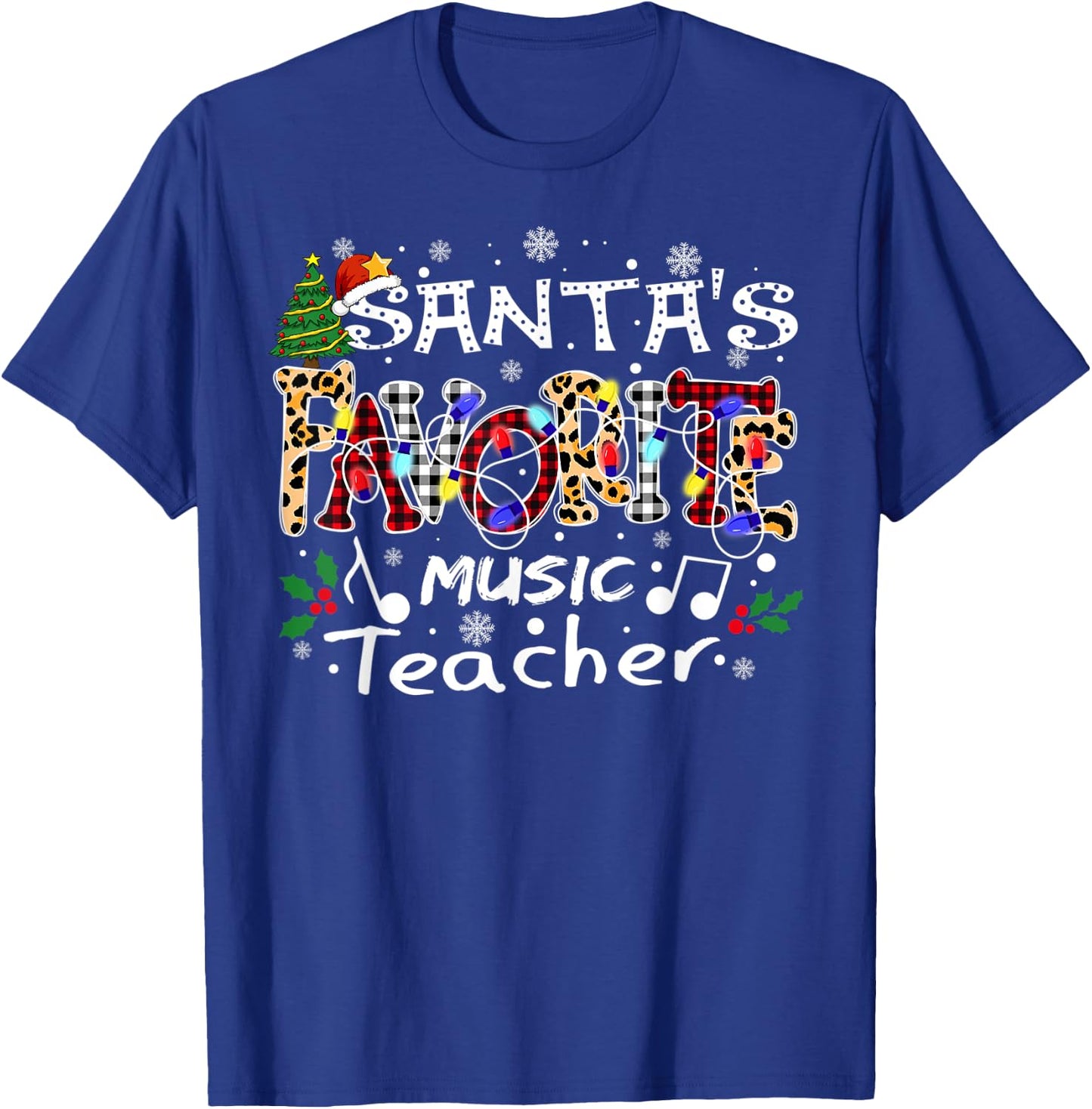 Merry Christmas Santa's Favorite Music Teacher Xmas Lights T-Shirt - T-Shirt | Royal