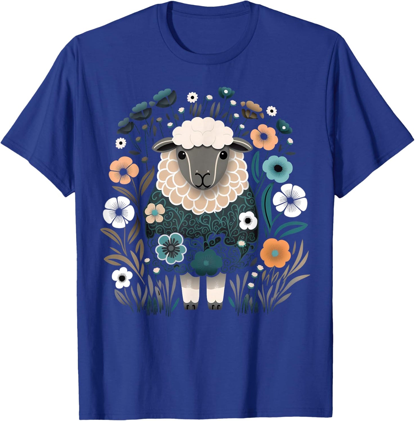 Cute Sheep Floral Colorful Flowers in the Garden Black T-Shirt - T-Shirt | Royal