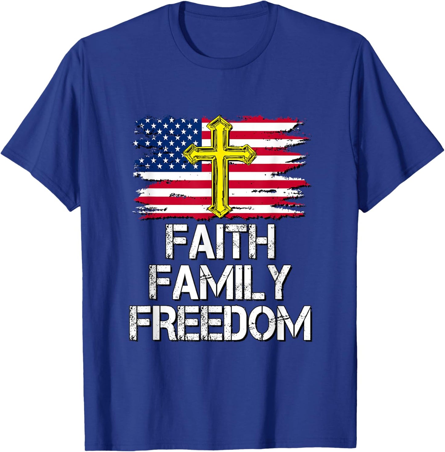 Faith Family Freedom - American Flag and Cross - Distressed T-Shirt - T-Shirt | Royal