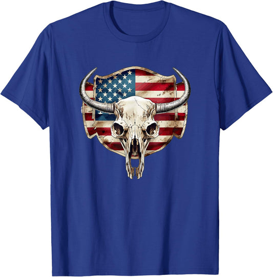 Vintage Cow Bull Cattle Skull Head Western Patriotic US-Flag Women Men T-Shirt - T-Shirt | Royal