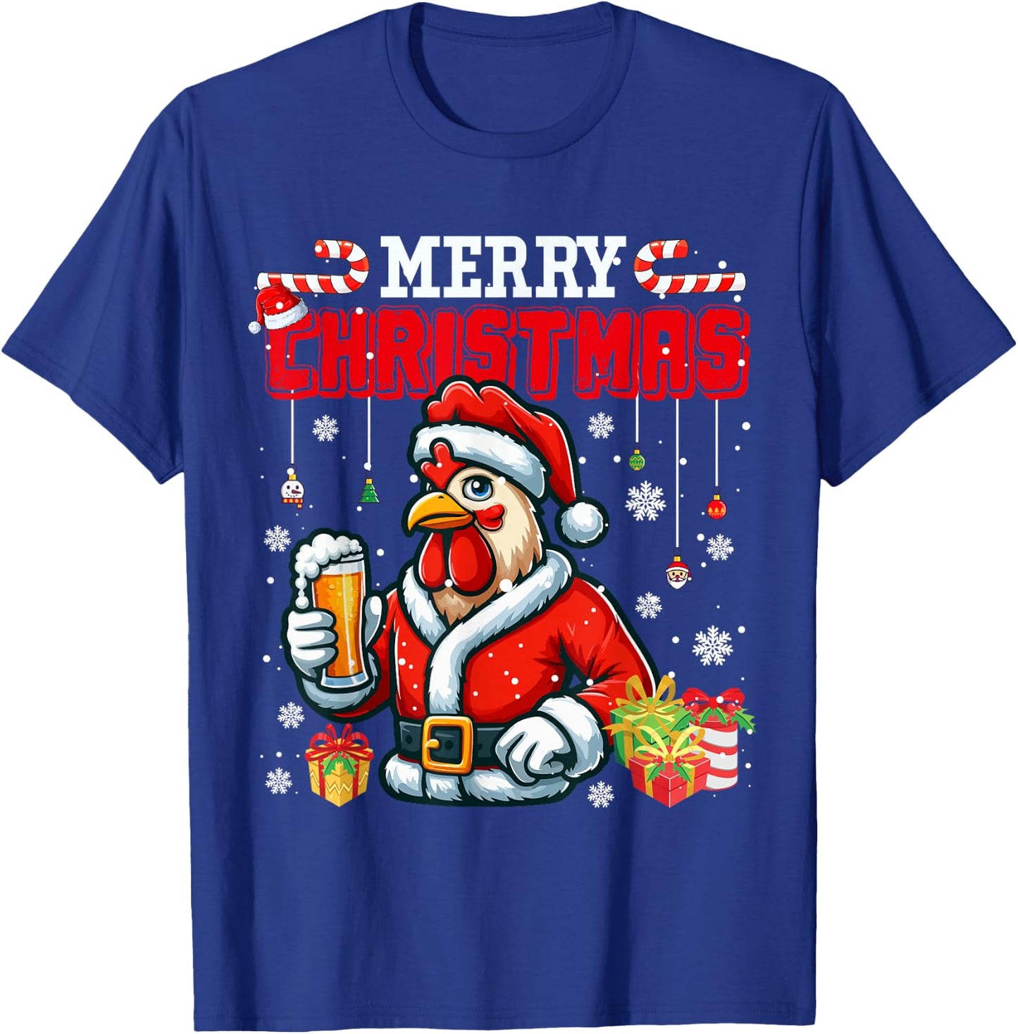 Merry Christmas Santa Rooster Chicken Drinking Beer Farmer T-Shirt - T-Shirt | Royal