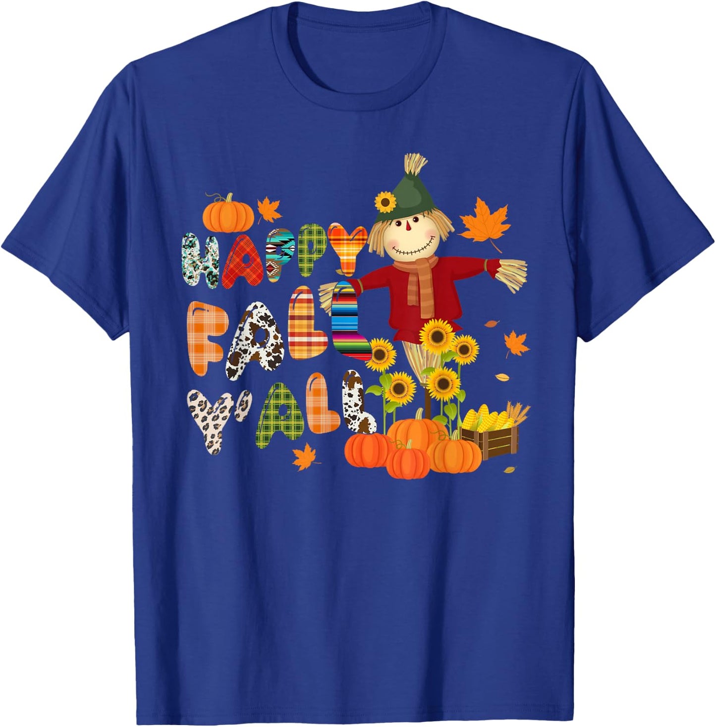 Scarecrow Happy Fall Y'all Pumpkin Thanksgiving Halloween T-Shirt - T-Shirt | Royal