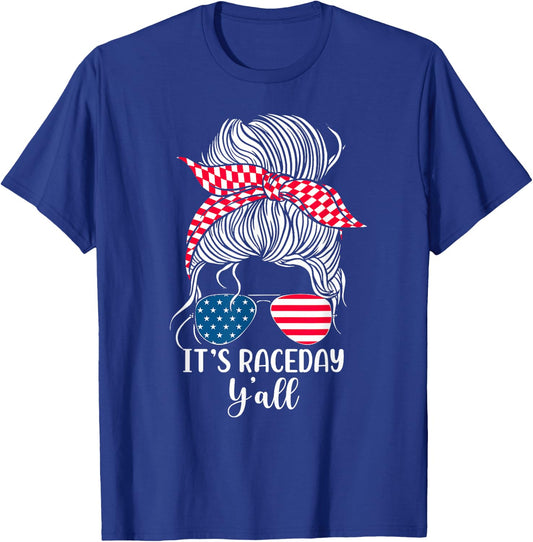 Dirt Track Racing Race Girl USA American Flag Glasses Bun T-Shirt - T-Shirt | Royal