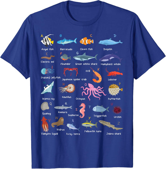 A-Z Ocean Life Exploration - Sea Creatures Alphabet T-Shirt - T-Shirt | Royal