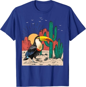 Toucans Birds Vintage Sunset Mountain Cactus Desert Toucan T-Shirt - T-Shirt | Royal