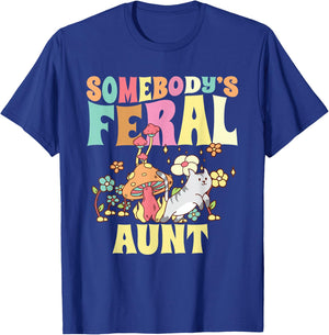 Somebody's Feral Aunt Mushroom Cat Wild Auntie Groovy Floral T-Shirt - T-Shirt | Royal