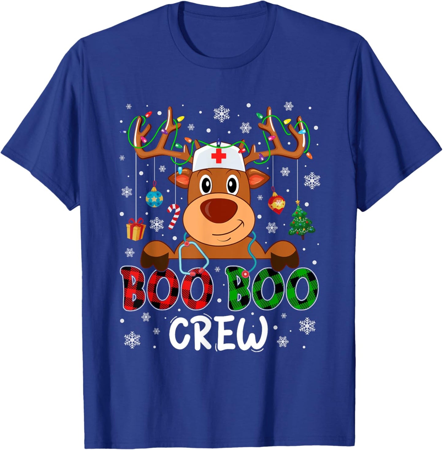 Reindeer Boo Boo Crew Nurse Buffalo Plaid Christmas Nurse T-Shirt - T-Shirt | Royal