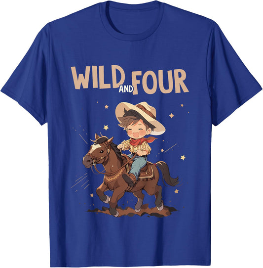 Kids 4th Birthday Cute Little Cowboy Western - Wild and Four T-Shirt - T-Shirt | Royal