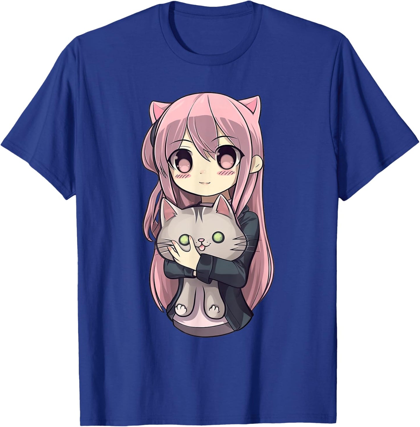 Anime and Cats Kawaii Cute Teen Otaku Girl with Cat T-Shirt - T-Shirt | Royal