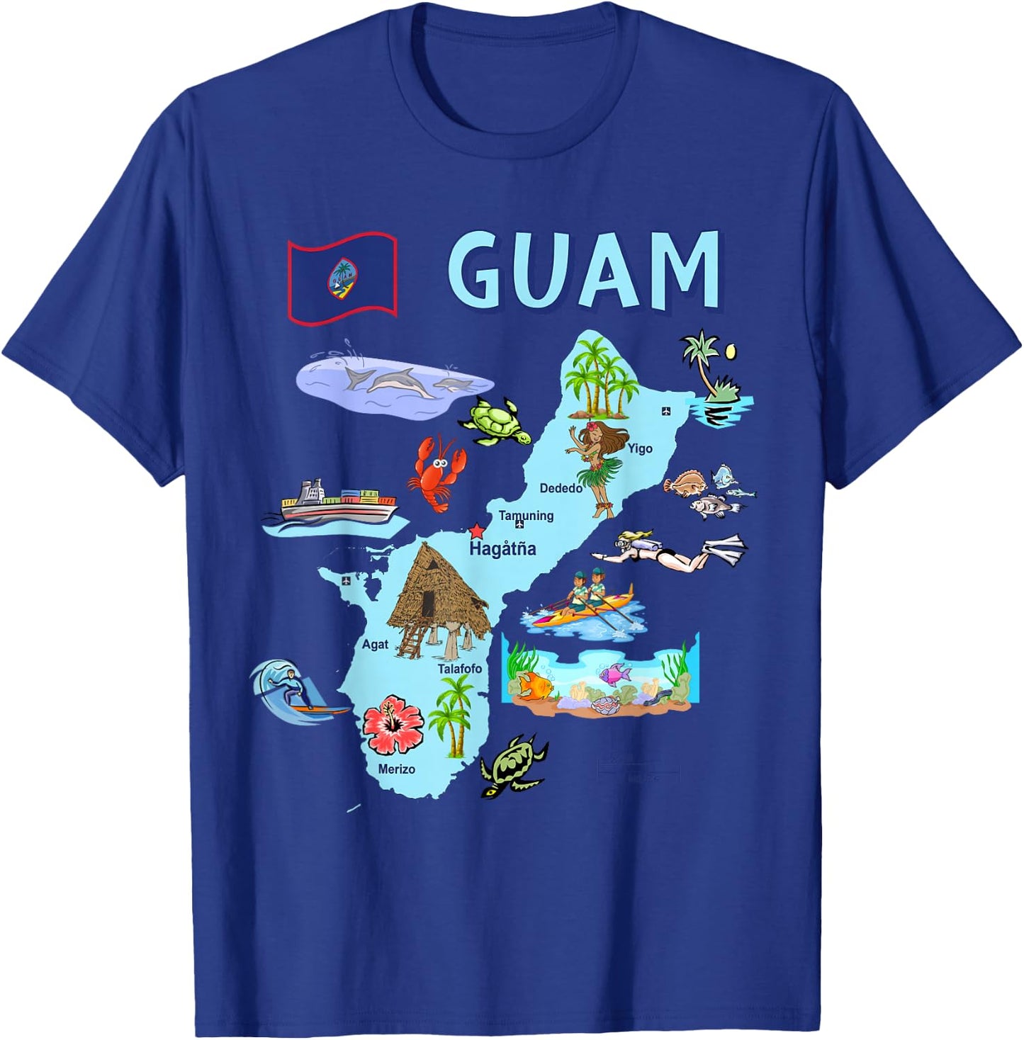 Tourist attractions map of Guam, major cities, flag, USA T-Shirt - T-Shirt | Royal