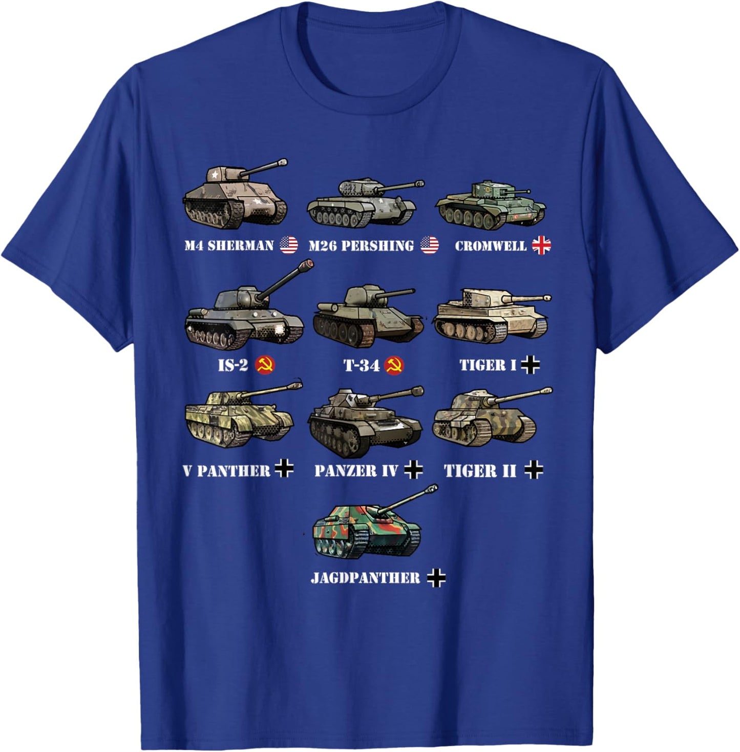 WW2 Tanks M4 Sherman Panzer IV Tiger II T-34 History Buff T-Shirt - T-Shirt | Royal