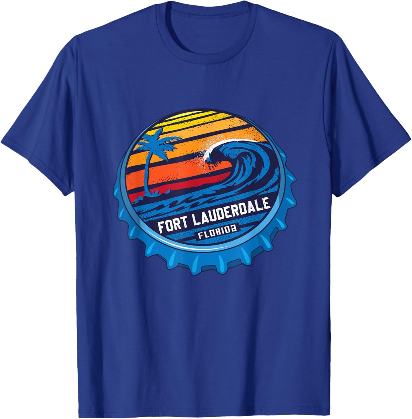 Palm Tree Ocean Wave On Bottle Cap Fort Lauderdale Florida T-Shirt - T-Shirt | Royal